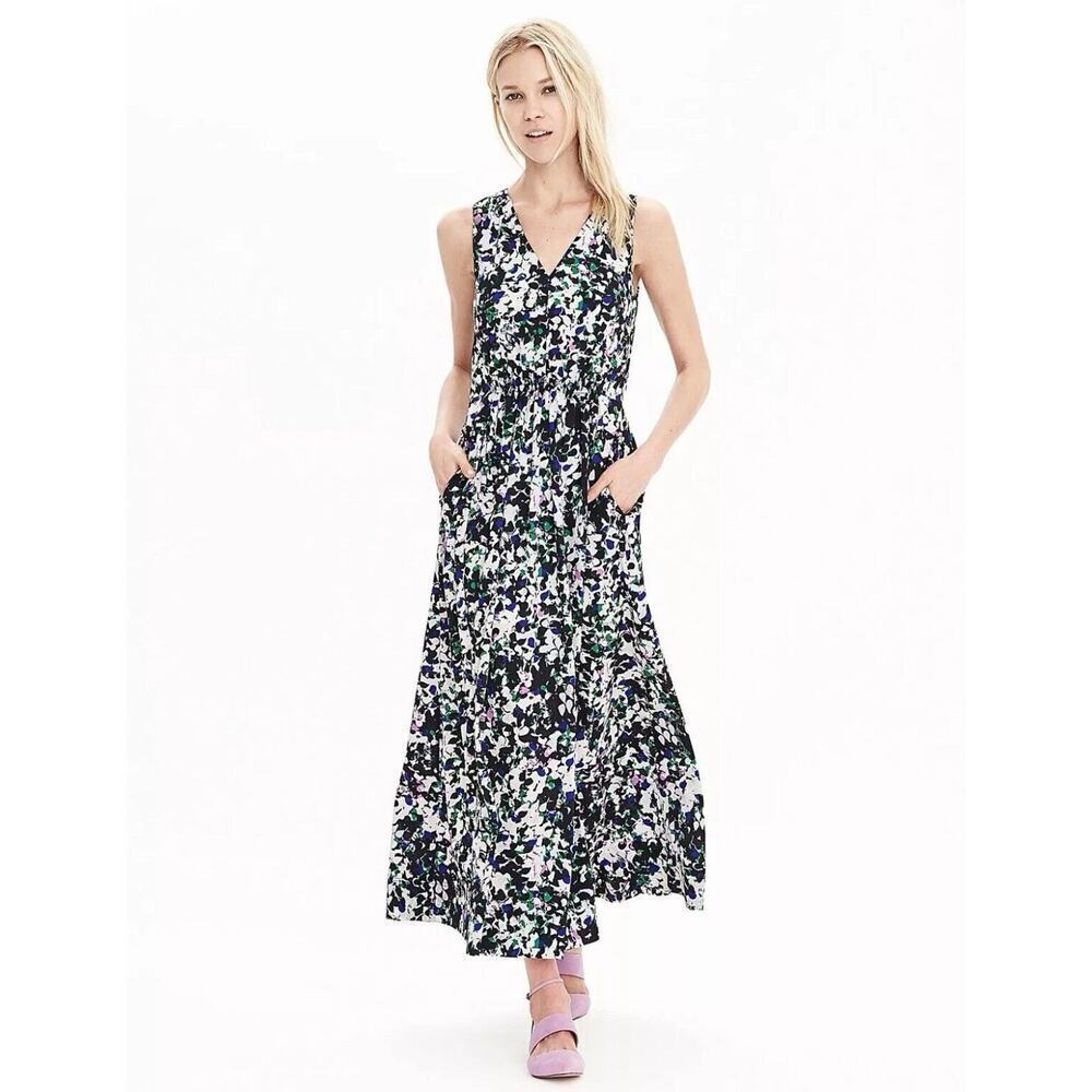 Banana Republic Mixed-Floral V-Neck Maxi Dress Size small Front Splits